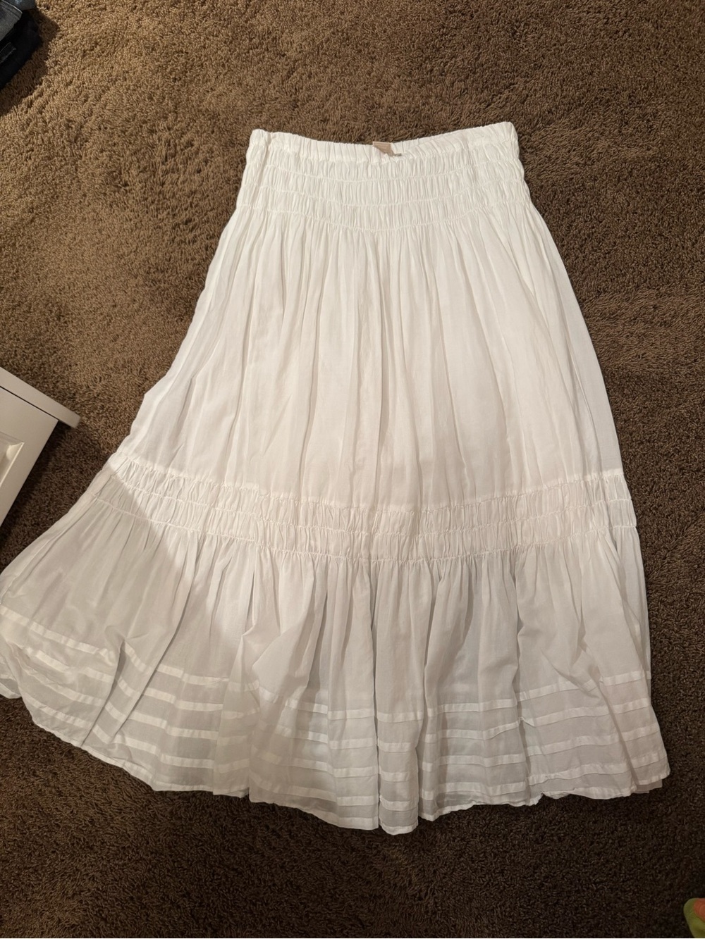 MICHAEL Michael Kors White Tiered Smocked Midi Skirt with Sheer Stripe Detail